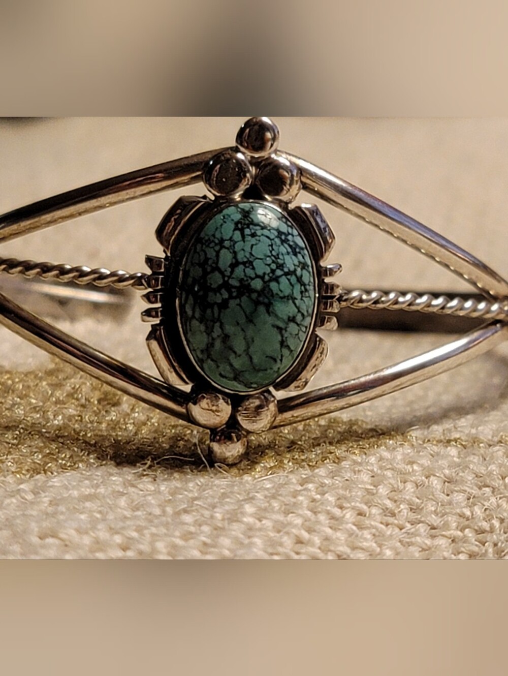 Vtg Marie Bahe Sterling Silver Cuff Bracelet with Turquoise Stone